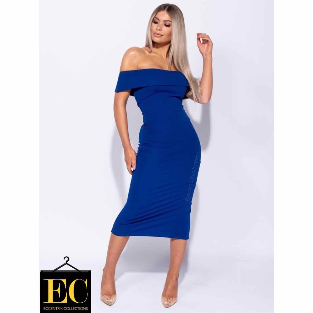 Royal Blue Off Shoulder Bodycon Midi Dress